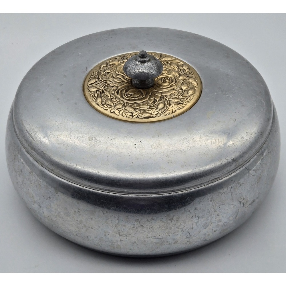 Vintage Aluminum Lidded Casserole Dish 8in Brass Floral Medallion MCM Decor